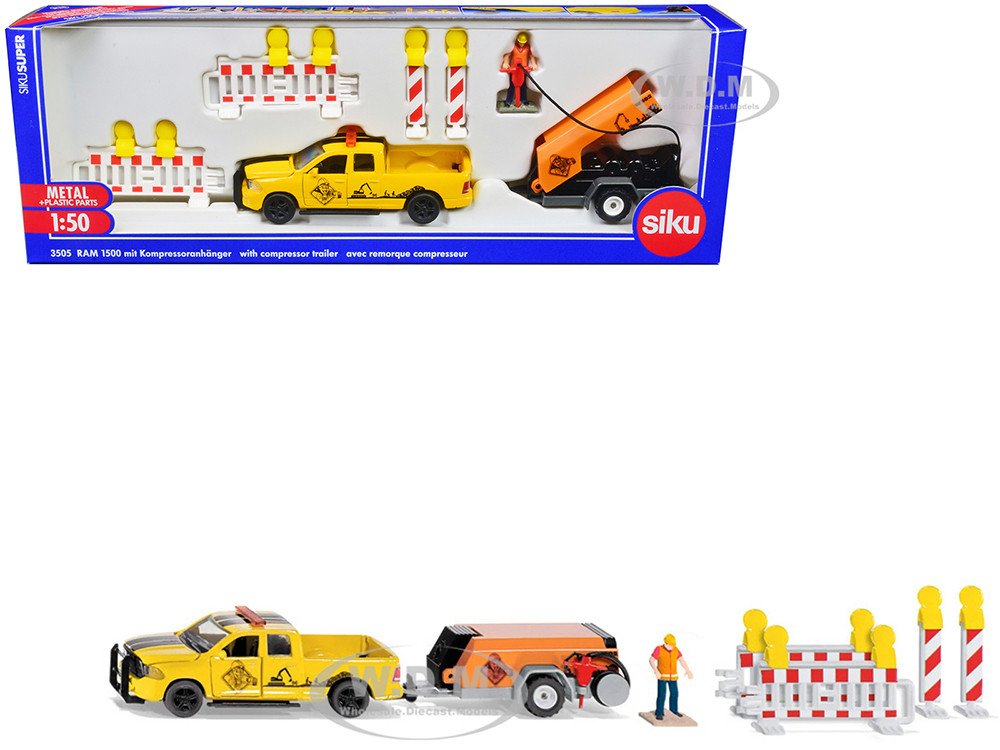Ram 1500 Pickup Truck Yellow with Compressor Trailer and Worker Figure with Accessories Set 1/50 Diecast Models by Siku diecast model