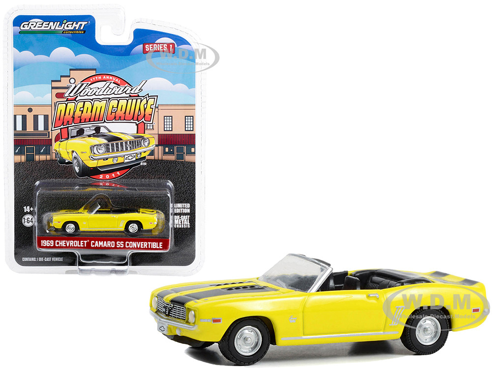 1969 Chevrolet Camaro SS Convertible Yellow with Black Stripes "17th Annual Woodward Dream Cruise Featured Heritage Vehicle" (2011) "Woodward Dream Cruise" Series 1 1/64 Diecast Model Car by Greenlight diecast model