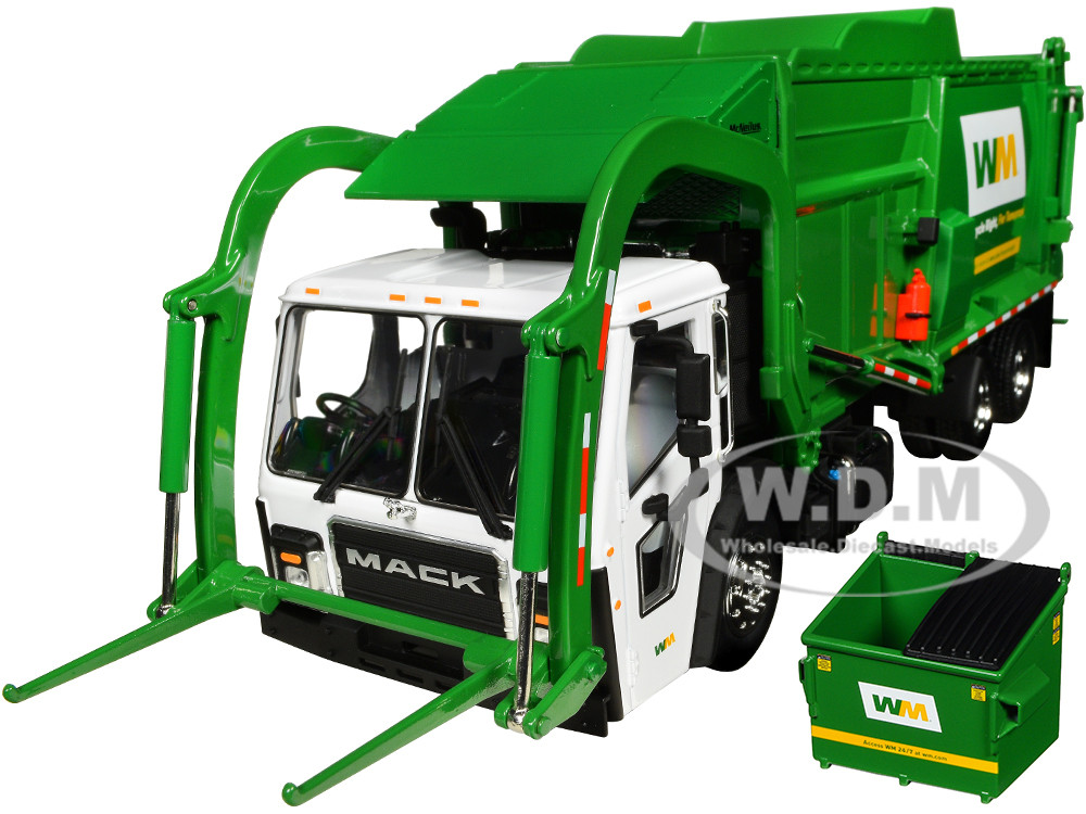 Mack LR "Waste Management" Refuse Garbage Truck with McNeilus Meridian Front Loader White and Green with Trash Bin 1/34 Diecast Model by First Gear diecast model