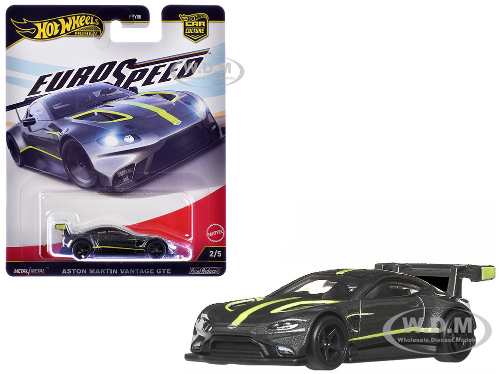Aston Martin Vantage GTE Dark Gray Metallic with Lime Green Stripes "Euro Speed" Series Diecast Model Car by Hot Wheels diecast model