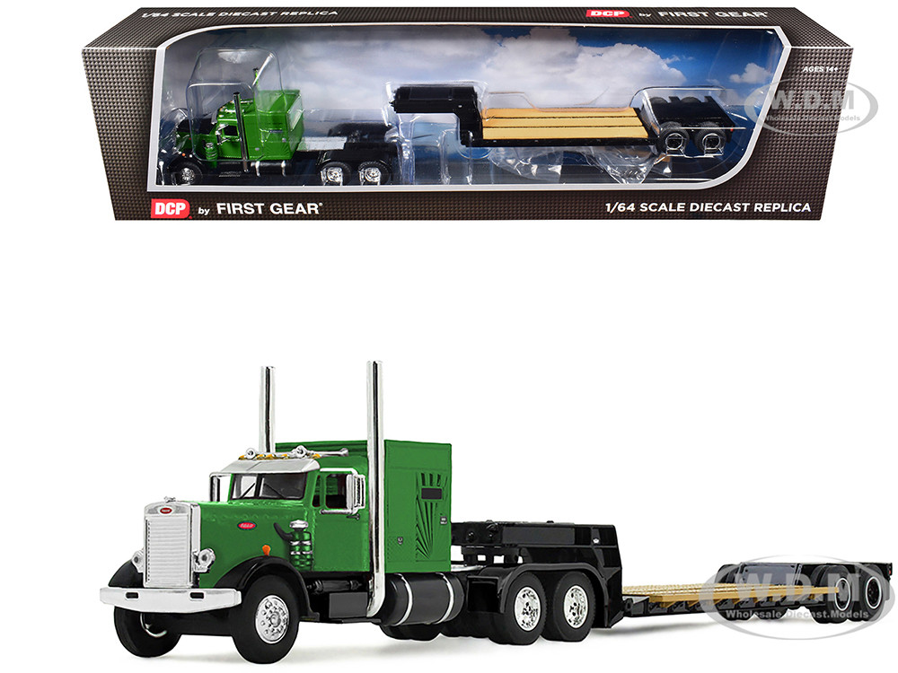 Peterbilt 351 with 60" Vintage Sleeper and Rogers Vintage Lowboy Trailer Green with Black Trailer 1/64 Diecast Model by DCP/First Gear diecast model