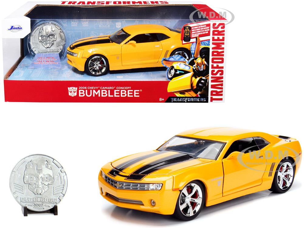 2006 Chevrolet Camaro Concept Yellow Bumblebee with Robot on Chassis and Collectible Metal Coin "Transformers" Movie 1/24 Diecast Model Car by Jada diecast model