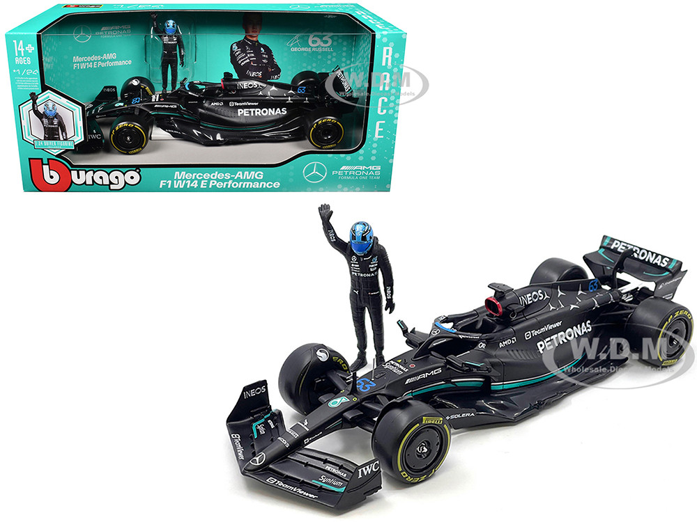 Mercedes-AMG W14 E Performance #63 George Russell "Petronas" Formula One F1 World Championship (2023) with Driver Figure 1/24 Diecast Model Car by Bburago diecast model