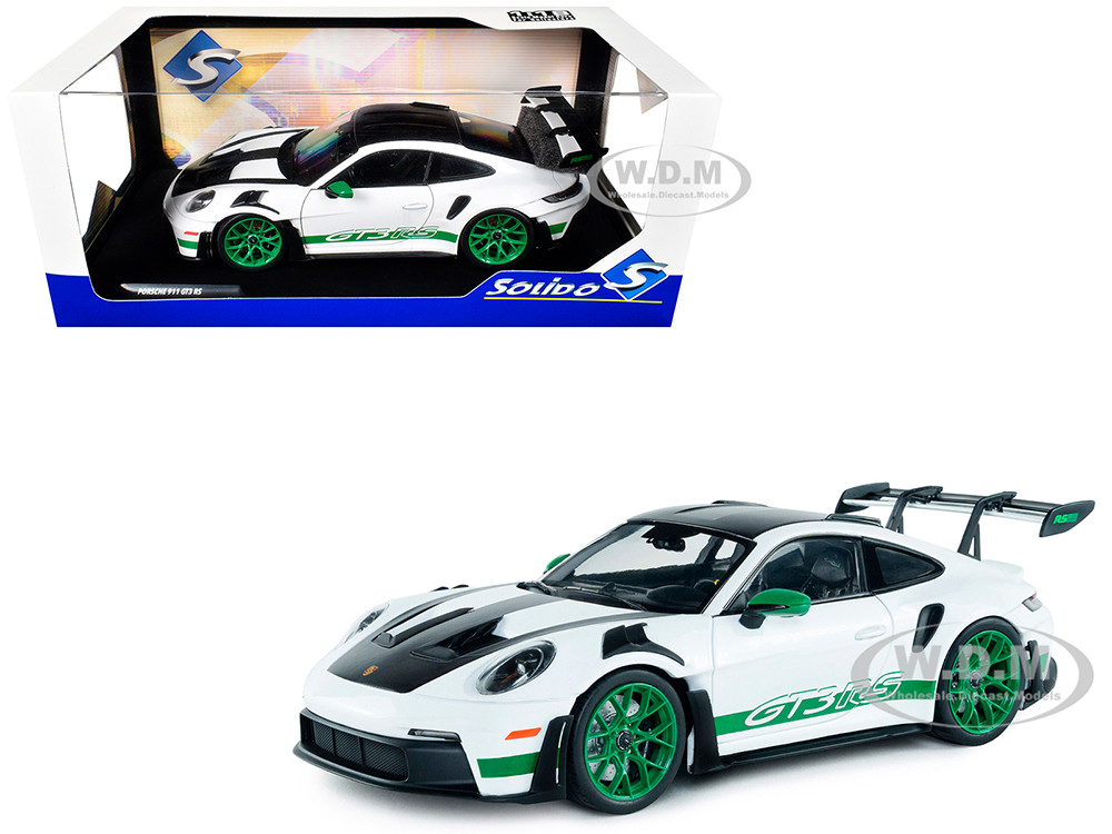 2024 Porsche 911 GT3 RS "Tribute to Carrera RS Package" White with Carbon Hood Stripes and Top and Green Side Stripes and Wheels 1/18 Diecast Model Car by Solido diecast model