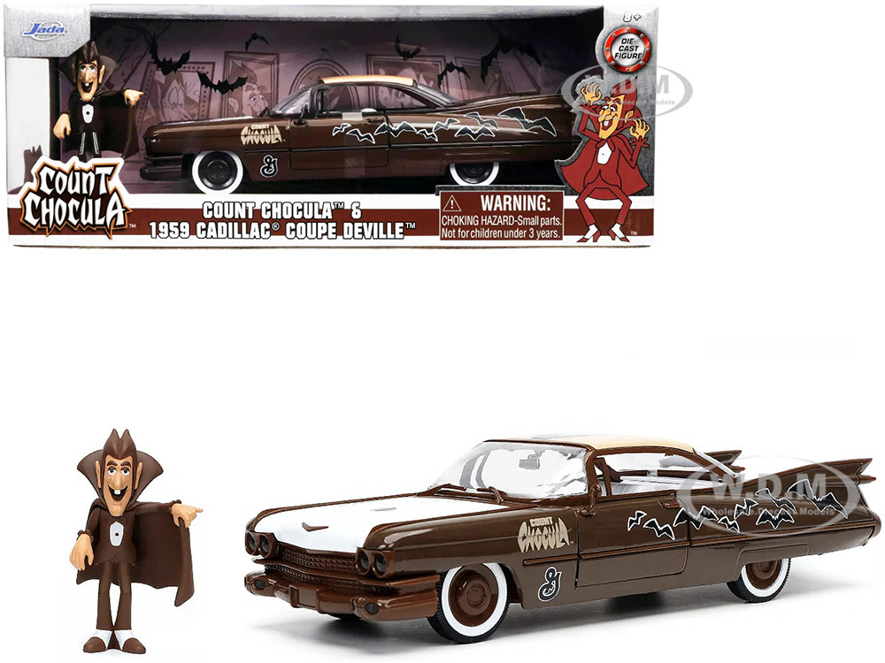 1959 Cadillac Coupe DeVille Brown and White with Graphics and Count Chocula Diecast Figurine "Hollywood Rides" Series 1/24 Diecast Model Car by Jada diecast model