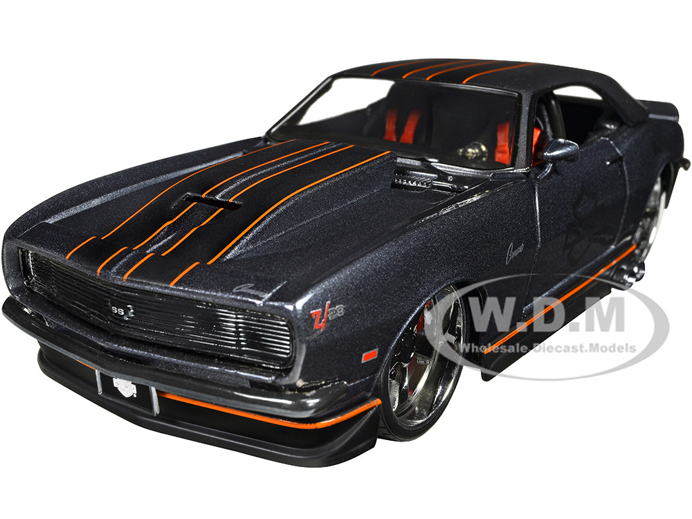 1968 Chevrolet Camaro Z/28 Dark Gray Metallic with Black and Orange Stripes "Harley Davidson" "H-D Custom" 1/24 Diecast Model Car by Maisto diecast model