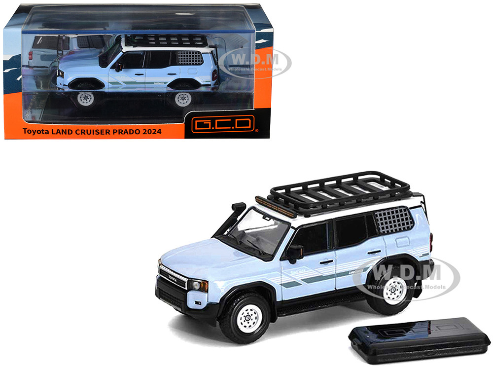 2024 Toyota Land Cruiser Prado Light Blue with White Top and Stripes with Roof Rack and Accessory 1/64 Diecast Model Car by GCD diecast model