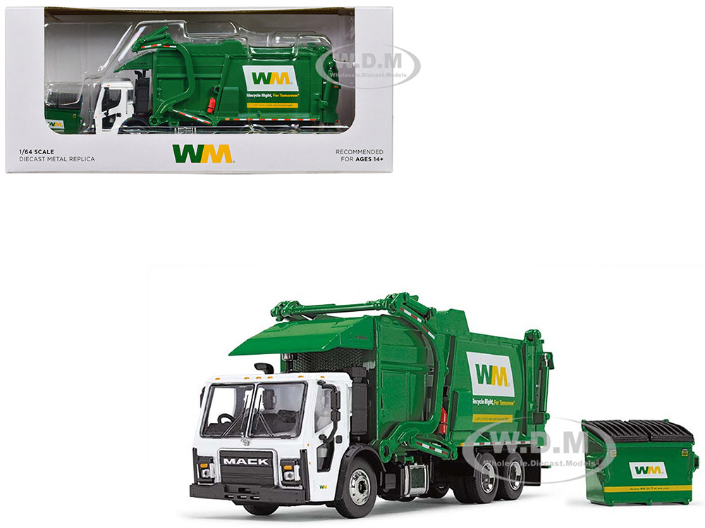 Mack LR Garbage Truck with McNeilus Meridian Front Load Refuse Body White and Green with Refuse Bin "Waste Management" 1/64 Diecast Model by First Gear diecast model