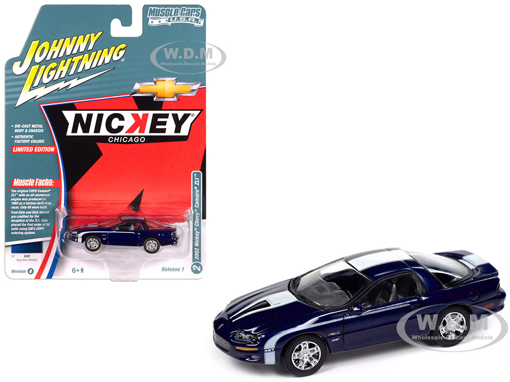 2002 Chevrolet Nickey Camaro ZL1 Navy Blue Metallic with White Stripes "Muscle Cars USA" Series 1/64 Diecast Model Car by Johnny Lightning diecast model