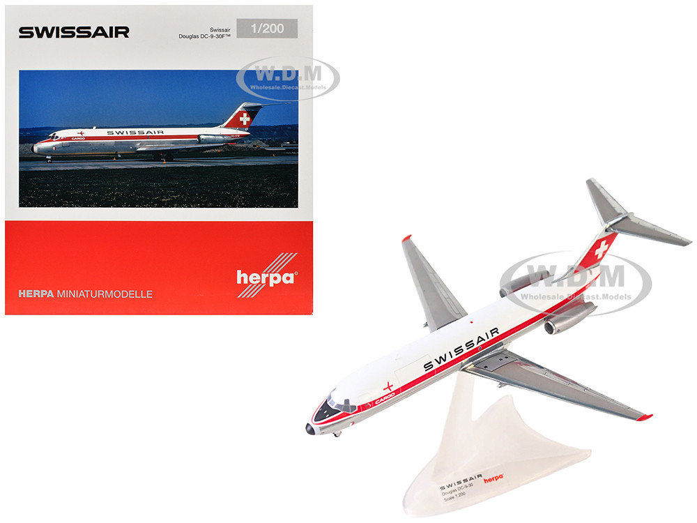 Douglas DC-9-30F Commercial Aircraft "Swissair" (HB-IFW) White with Red Stripes 1/200 Diecast Model Airplane by Herpa diecast model