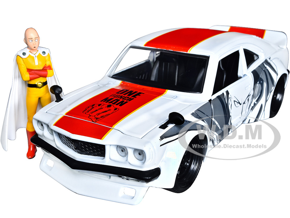 1974 Mazda RX-3 White with Red Stripe and Graphics and Saitama Diecast Figure "One Punch Man" (2015-2019) TV Series 1/24 Diecast Model Car by Jada diecast model