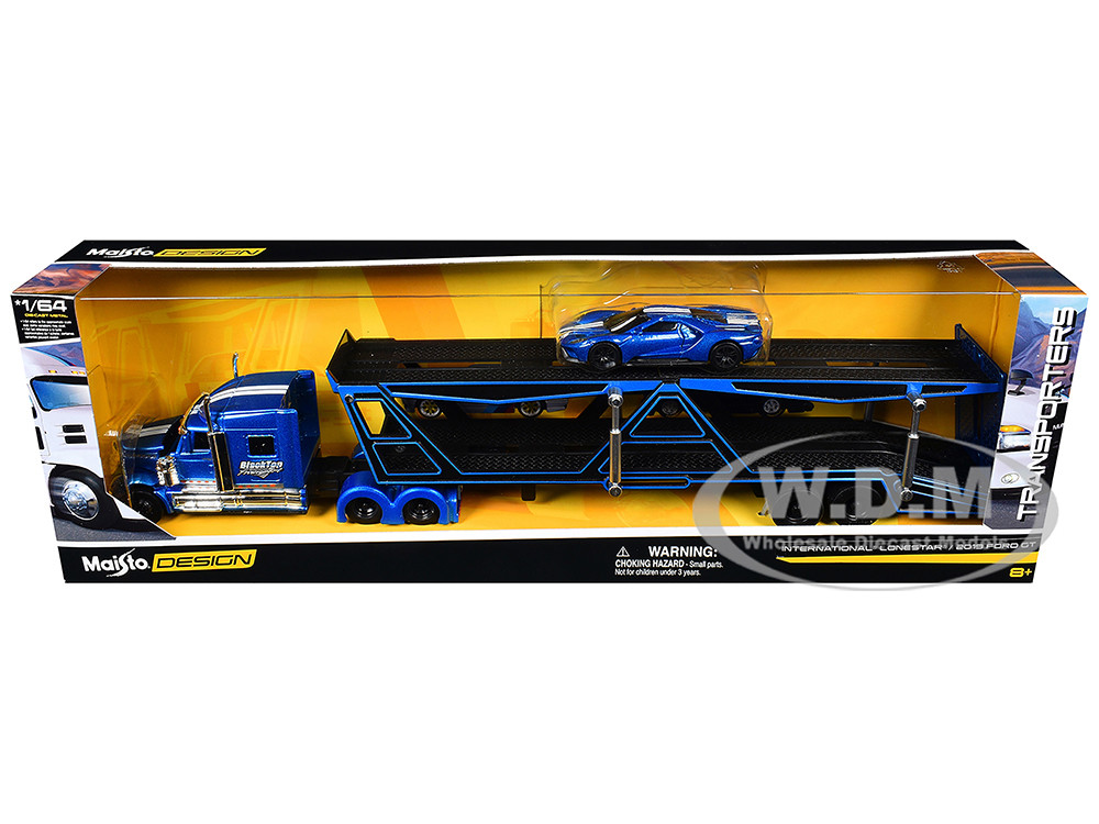 International Lonestar "BlackTop Transport" Open Car Hauler Blue Metallic with White Stripes and Graphics and 2019 Ford GT Blue Metallic with White Stripes "Transporters" Series 1/64 Diecast Models by Maisto diecast model