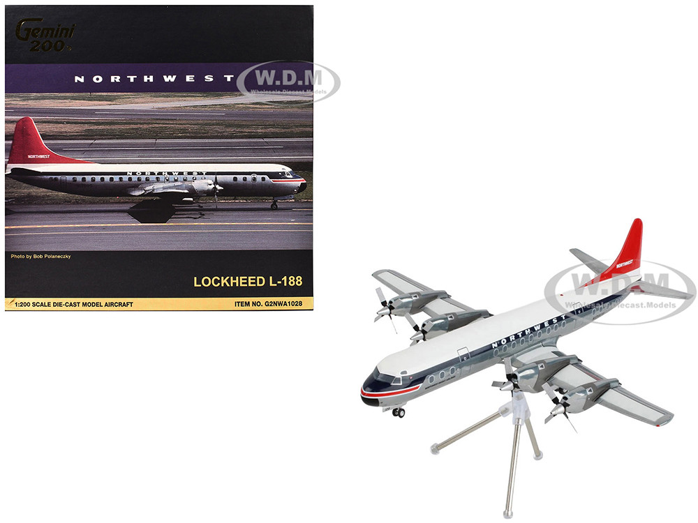 Lockheed L-188 Electra Commercial Aircraft "Northwest Orient" (N128US) White and Gray with Blue Stripes and Red Tail "Gemini 200" Series 1/200 Diecast Model Airplane by GeminiJets diecast model