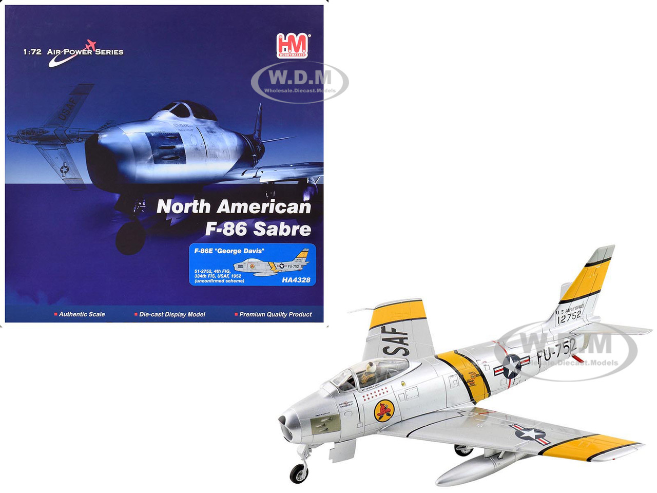 North American F-86E Sabre Fighter Aircraft "51-2752, Colonel George Andrew Davis Jr., 4th FIG, 334th FIS" (1952) United States Air Force "Air Power Series" 1/72 Diecast Model by Hobby Master diecast model