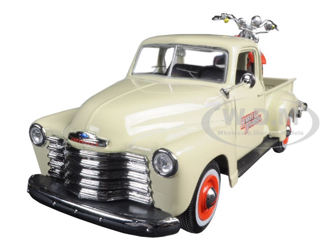 1950 Chevrolet 3100 Pickup Truck Cream 1/25 and 2001 FLSTS Heritage Springer Motorcycle Orange 1/24 "Harley-Davidson Custom" Series Diecast Models by Maisto diecast model