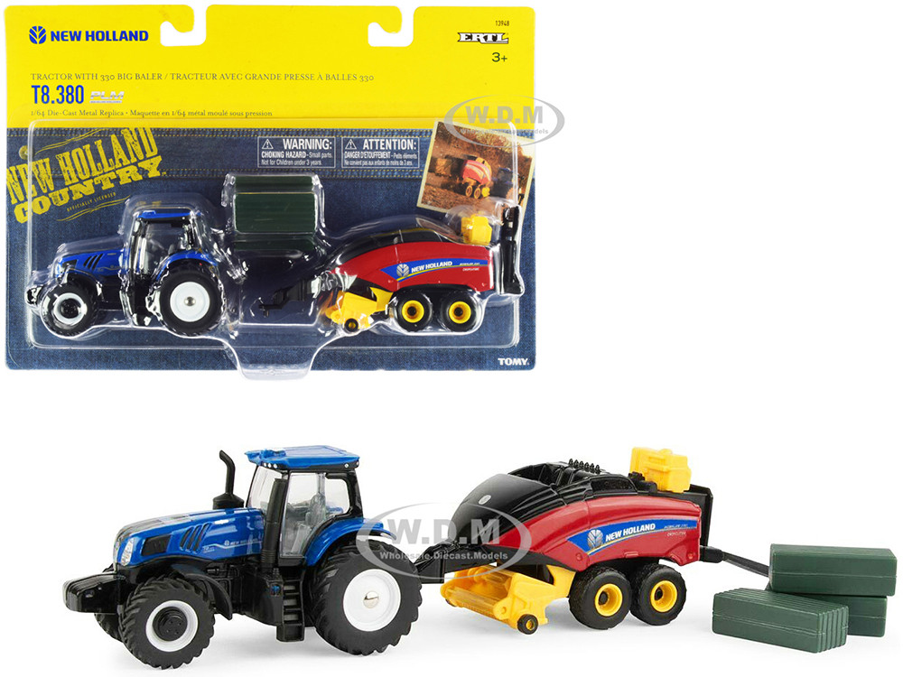 New Holland T8.380 Genesis Tractor Blue with New Holland Big Baler 330 Red and 3 Bales Set of 3 pieces 1/64 Diecast Models by ERTL TOMY diecast model