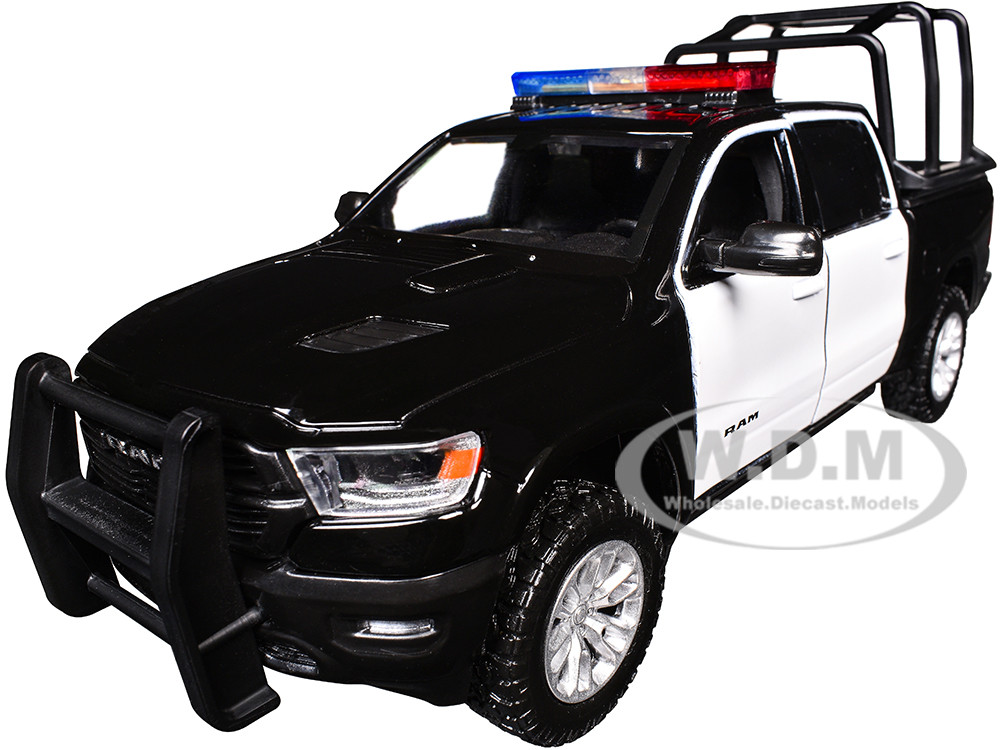 2019 RAM 1500 Laramie Crew Cab Pickup Truck with Bed Cage Black and White with Flashing Light Bar and Front and Rear Lights and Sounds 1/27 Diecast Model Car by Motormax diecast model
