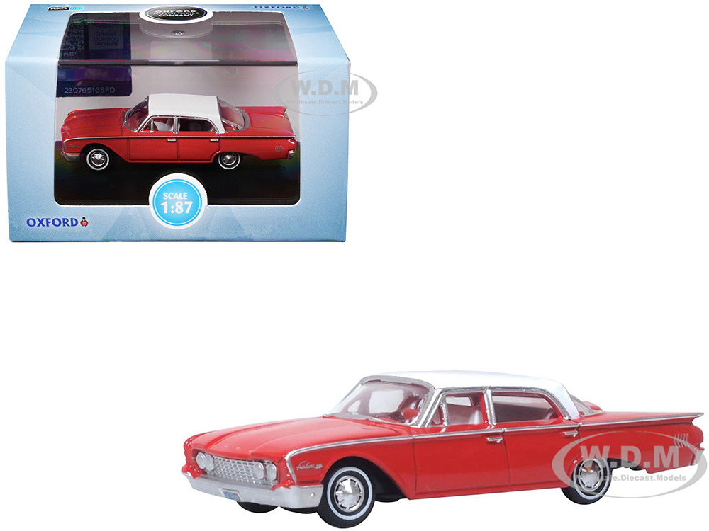 1960 Ford Fairlane Sedan 500 Monte Carlo Red with Corinthian White Top and Interior 1/87 (HO) Scale Diecast Model Car by Oxford Diecast diecast model