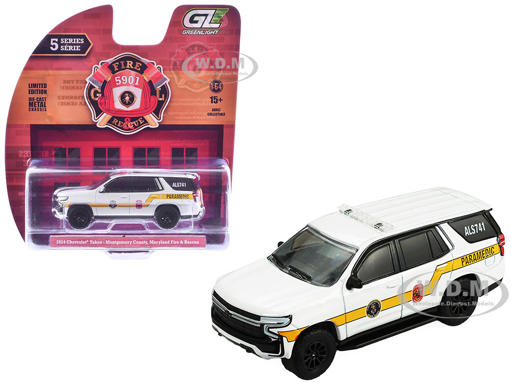 2024 Chevrolet Tahoe "Montgomery County, Maryland Fire & Rescue Bethesda-Chevy Chase Rescue Squad" White with Yellow Stripes "Fire & Rescue" Series #5 1/64 Diecast Model Car by Greenlight diecast model