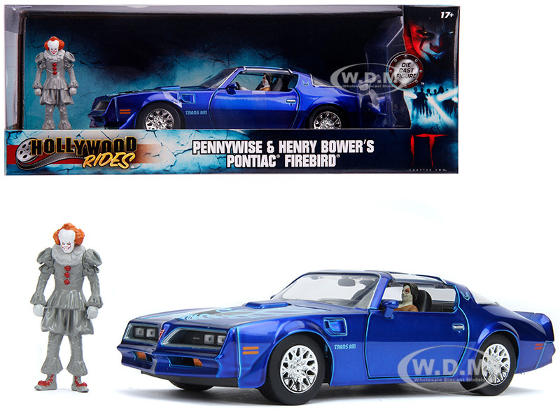 Henry Bower's Pontiac Firebird Trans Am Candy Blue with Pennywise Diecast Figurine "It Chapter Two" (2019) Movie 1/24 Diecast Model Car by Jada diecast model