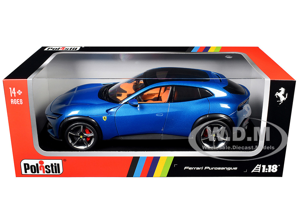 2022 Ferrari Purosangue Blu Corsa Blue Metallic with Black Top and Orange Interior 1/18 Diecast Model Car by Polistil diecast model