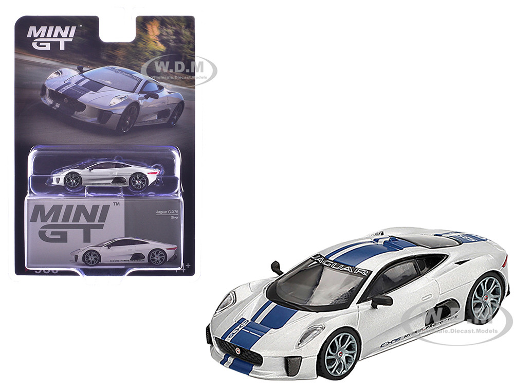 Jaguar C-X75 Silver Metallic with Blue Stripes Limited Edition 1/64 Diecast Model Car by Mini GT diecast model