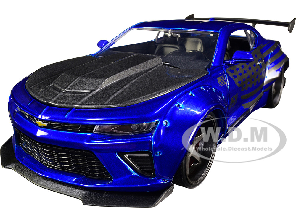 2016 Chevrolet Camaro Widebody Candy Blue with Gray Metallic Hood and American Flag Graphics "Bigtime Muscle" Series 1/24 Diecast Model Car by Jada diecast model