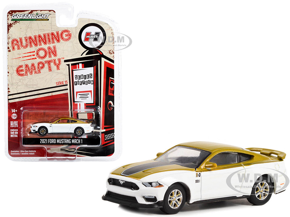 2021 Ford Mustang Mach 1 White and Gold with Black Stripe "Hurst Performance" "Running on Empty" Series 15 1/64 Diecast Model Car by Greenlight diecast model