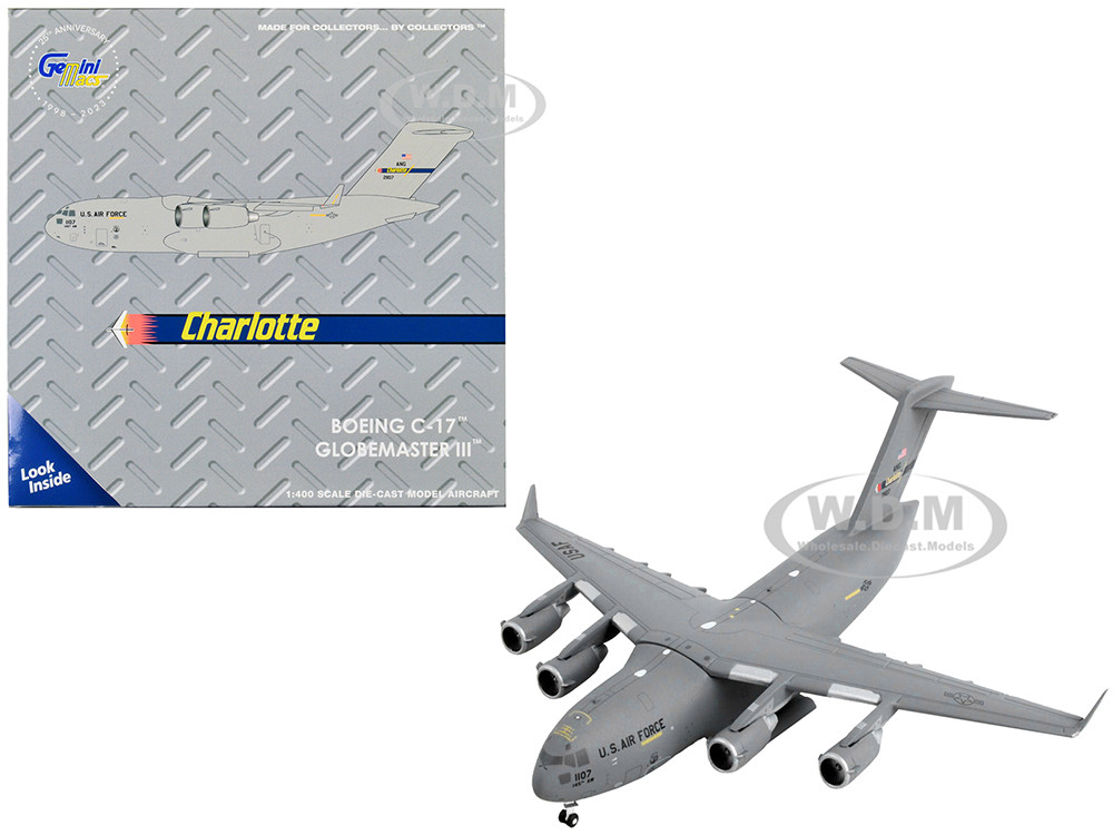 Boeing C-17 Globemaster III Transport Aircraft "Charlotte Air National Guard - United States Air Force" Gray "Gemini Macs" Series 1/400 Diecast Model Airplane by GeminiJets diecast model
