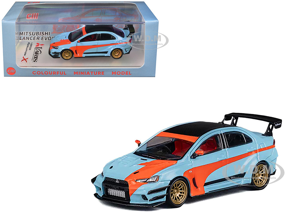 Mitsubishi Lancer Evolution X Varis RHD (Right Hand Drive) Light Blue with Black Top and Orange Stripes 1/64 Diecast Model Car by CM Model diecast model