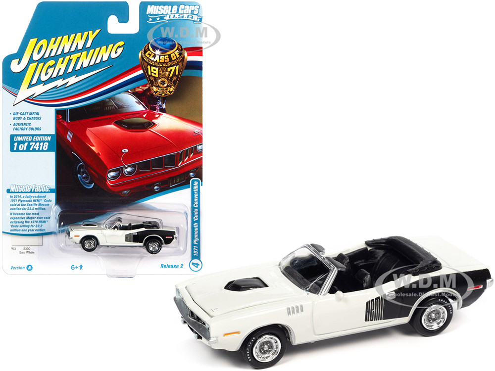 1971 Plymouth Barracuda Convertible Sno White with Black Hemi Side Billboards "Class of 1971" Limited Edition to 7418 pieces Worldwide "Muscle Cars USA" Series 1/64 Diecast Model Car by Johnny Lightning diecast model