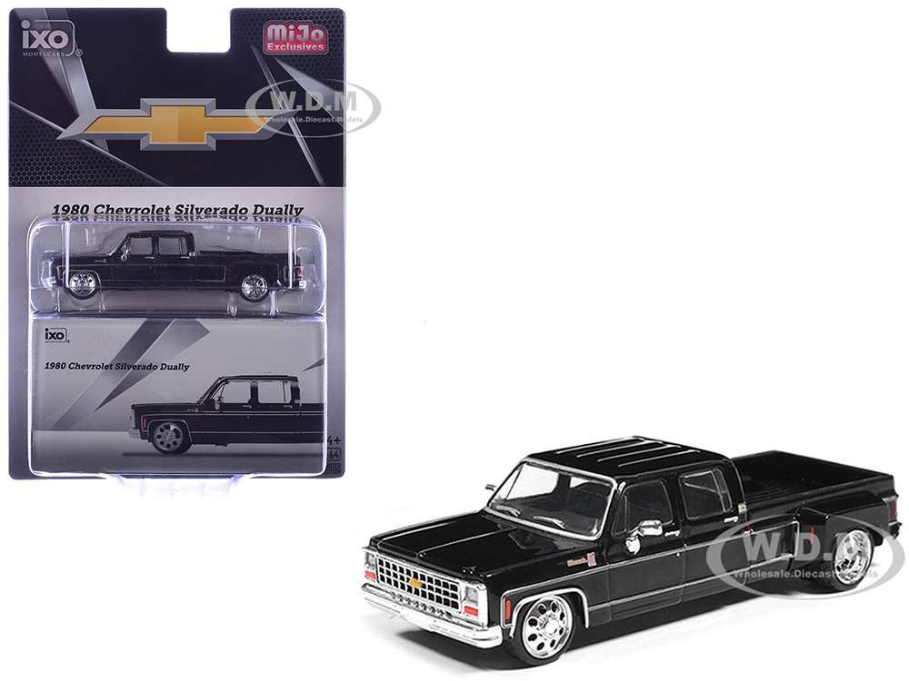 1980 Chevrolet Silverado C30 Crew Cab Dually Lowered Pickup Truck Black 1/64 Diecast Model Car by IXO Models diecast model