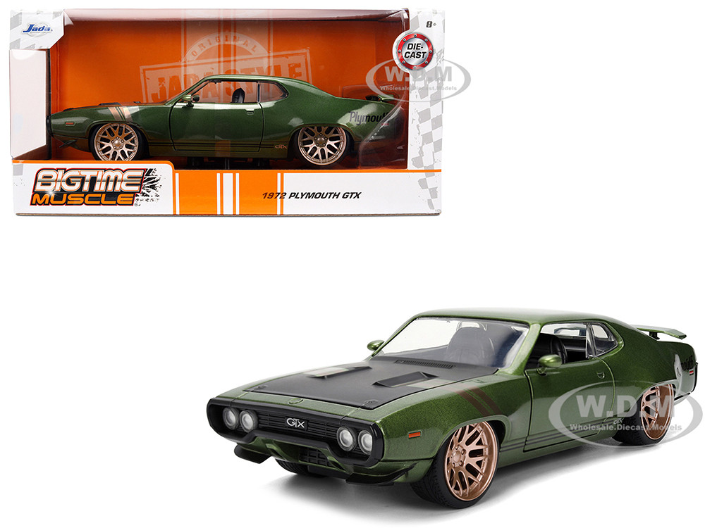 1972 Plymouth GTX Green Metallic with Matt Black Hood and Gold Stripes "Bigtime Muscle" Series 1/24 Diecast Model Car by Jada diecast model