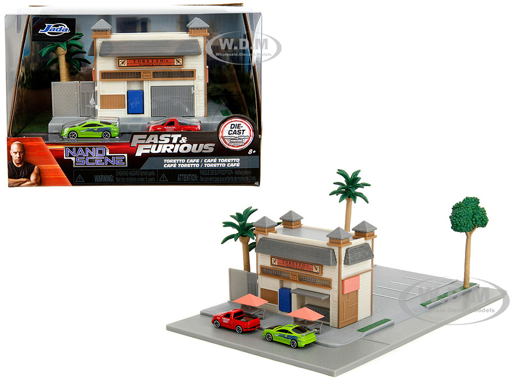 Toretto Cafe Diorama with Mitsubishi Eclipse Green and Ford F-150 SVT Lightning Red "Fast and Furious" "Nano Scene" Series Model by Jada diecast model