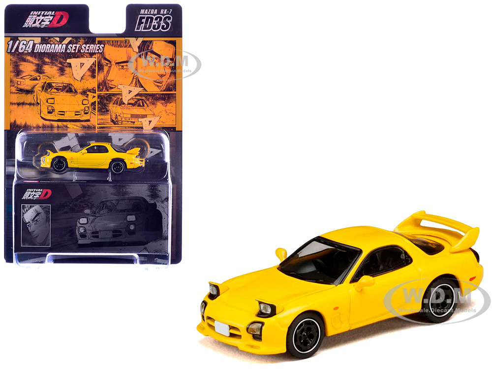 Mazda RX-7 (FD3S) RHD (Right Hand Drive) Yellow "Initial D" (1995-2013) Manga "Diorama Set Series" 1/64 Diecast Model Car by Hobby Japan diecast model