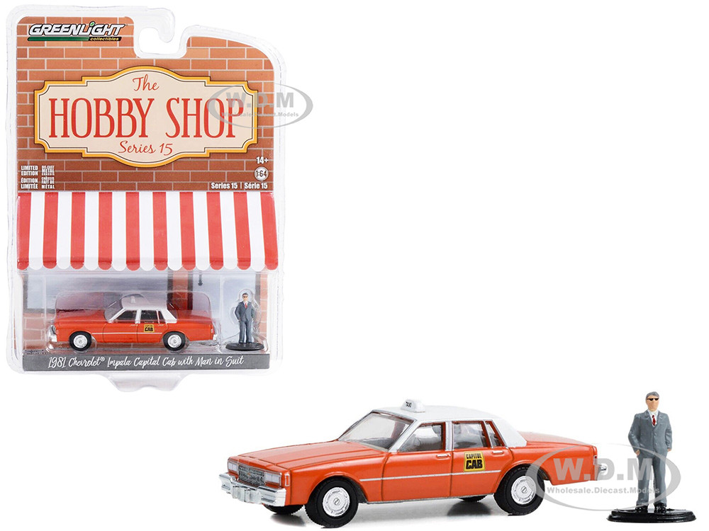 1981 Chevrolet Impala "Capitol Cab" Taxi Orange with White Top and Man in Suit Figure "The Hobby Shop" Series 15 1/64 Diecast Model Car by Greenlight diecast model
