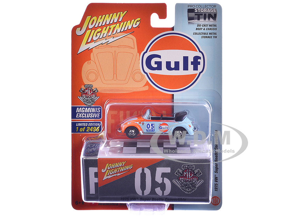 1975 Volkswagen Super Beetle Convertible #05 "Gulf Oil" Light Blue and Orange "MGMinis Exclusive" Series Limited Edition to 2496 pieces Worldwide 1/64 Diecast Model Car by Johnny Lightning diecast model