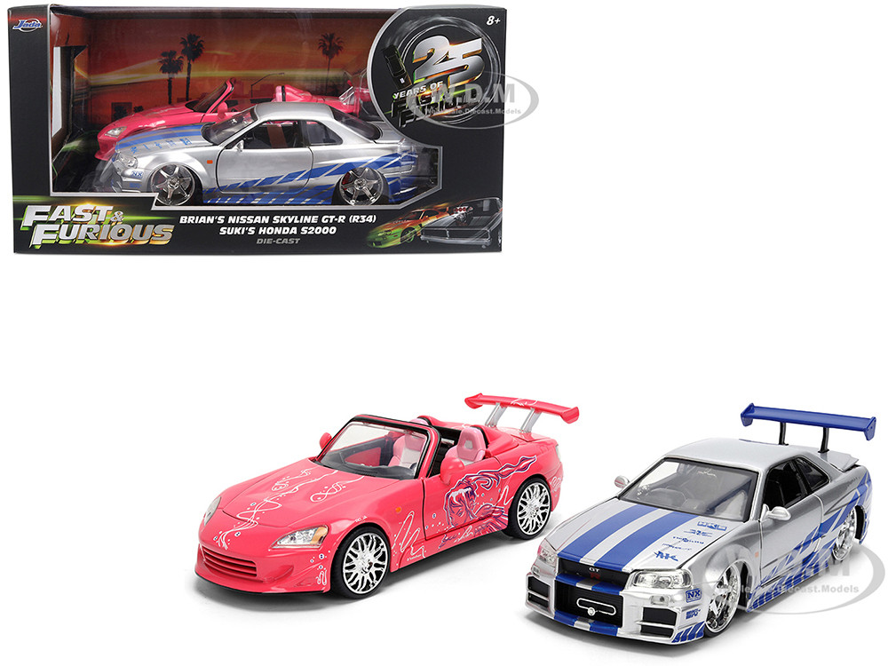 Brian's Nissan Skyline GT-R (R34) Silver Metallic with Blue Stripes and Suki's Honda S2000 Pink with Graphics Set of 2 Cars "Fast & Furious 25th Anniversary" "Fast & Furious" Series 1/24 Diecast Model Cars by Jada diecast model