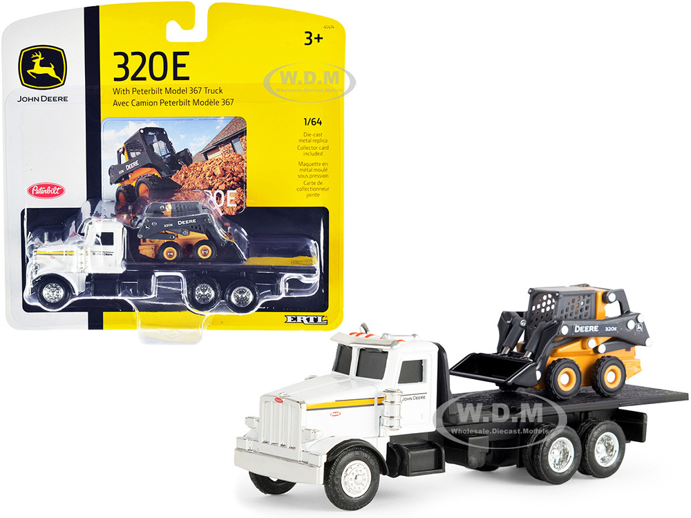Peterbilt 367 Flatbed Truck White with John Deere 320E Skid Steer Loader 1/64 Diecast Models by ERTL TOMY diecast model