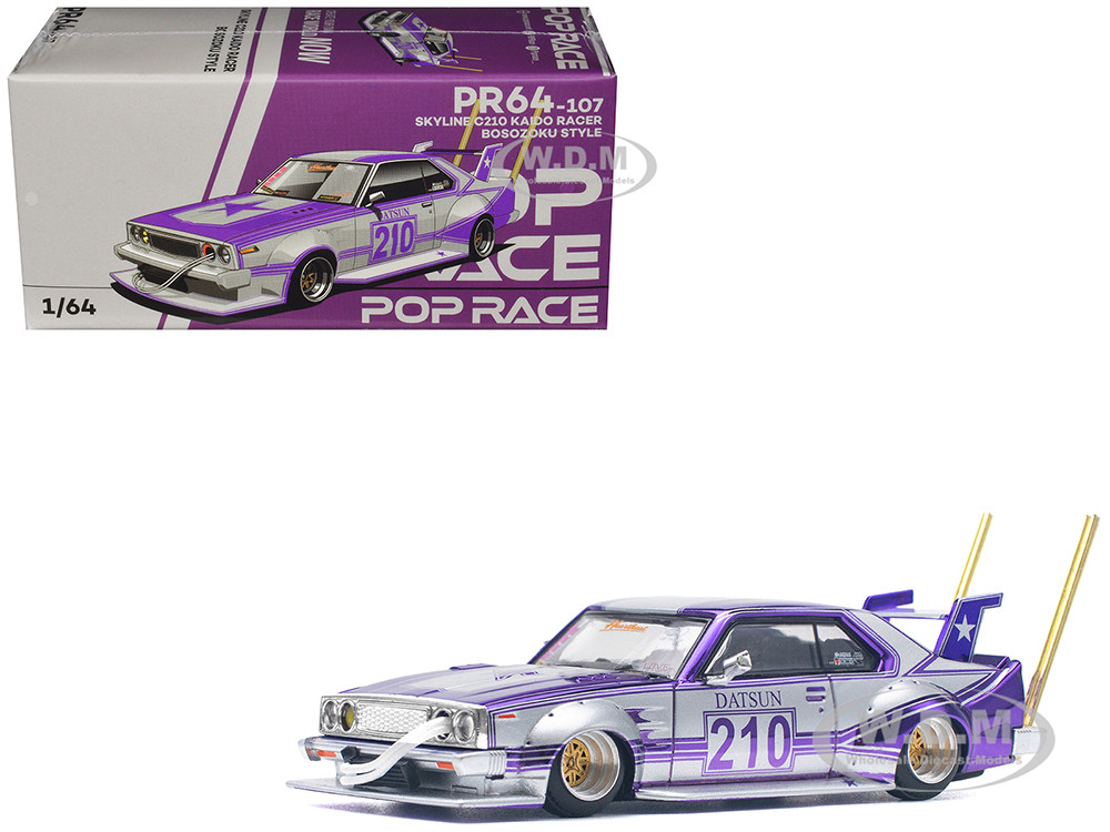 Skyline C210 Kaido Racer "Bosozoku Style" RHD (Right Hand Drive) #210 Purple and Silver 1/64 Diecast Model Car by Pop Race diecast model