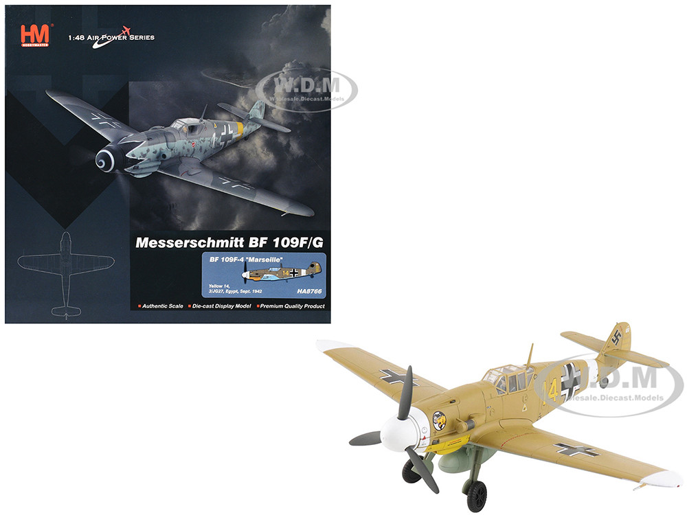 Messerschmitt Bf 109F-4 Fighter Aircraft "Marseille, Yellow 14, 3./JG27, Egypt" (1942) German Luftwaffe "Air Power Series" 1/48 Diecast Model by Hobby Master diecast model