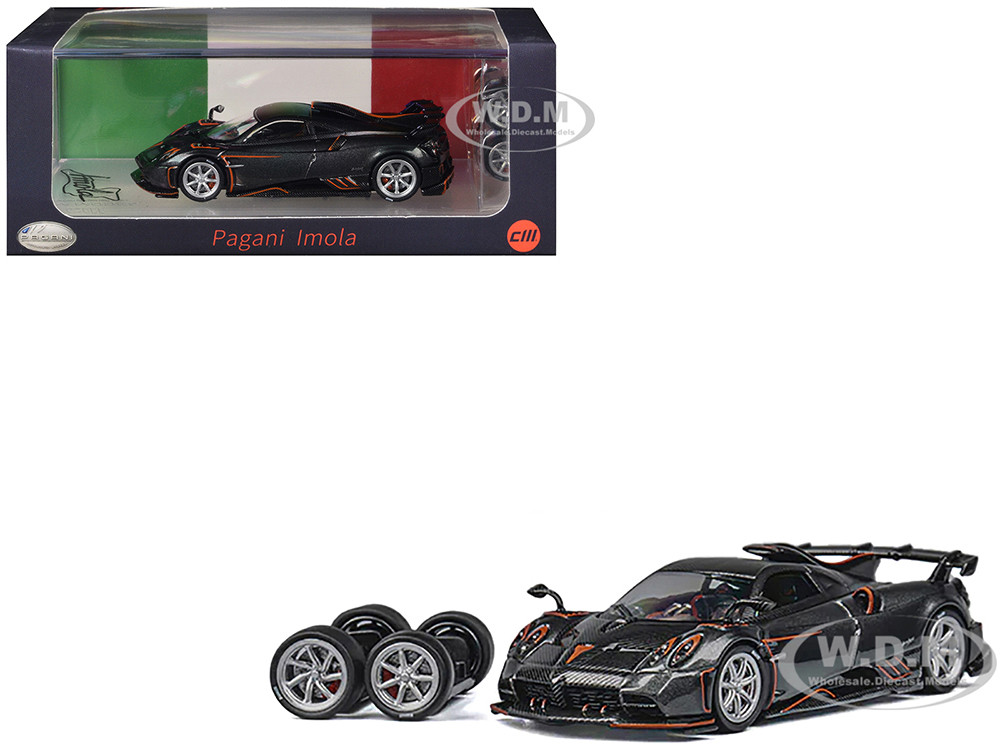 Pagani Imola Dark Gray Metallic with Carbon and Orange Accents with Extra Wheels 1/64 Diecast Model Car by CM Model diecast model