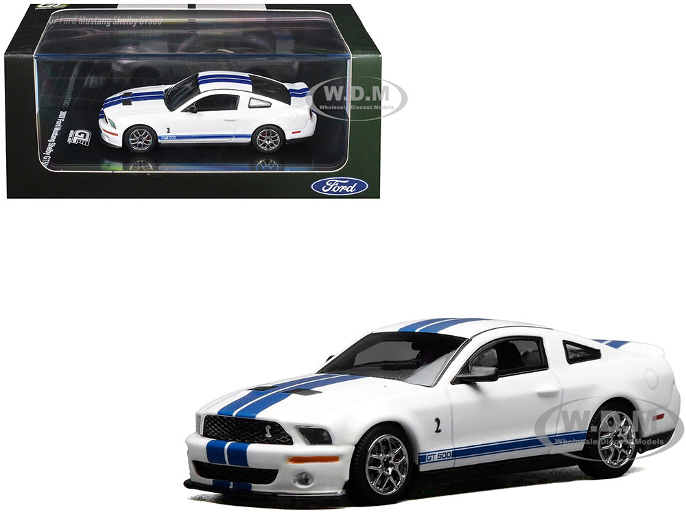 2007 Ford Mustang Shelby GT500 Performance White with Blue Stripes 1/64 Diecast Model Car by MotorHelix & Greenlight diecast model