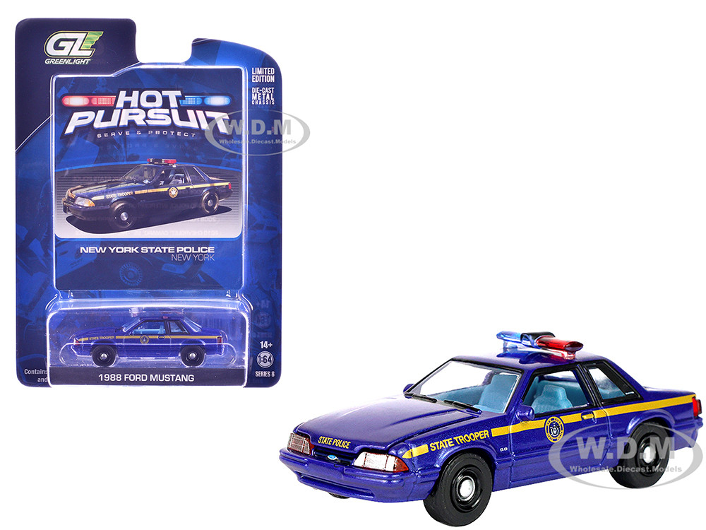 1988 Ford Mustang "New York State Police" Blue with Yellow Stripes and Blue Interior "Hot Pursuit" Series 8 1/64 Diecast Model Car by Greenlight diecast model