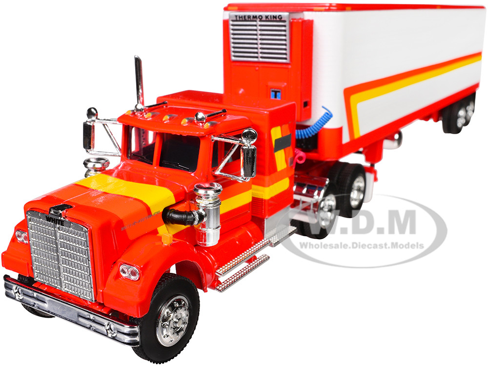 White Western Star 4900 with 36" Vintage Flat Top Sleeper and Wilson 40' Vintage Refridgerated Trailer Red and White with Stripes 1/64 Diecast Model by DCP/First Gear diecast model