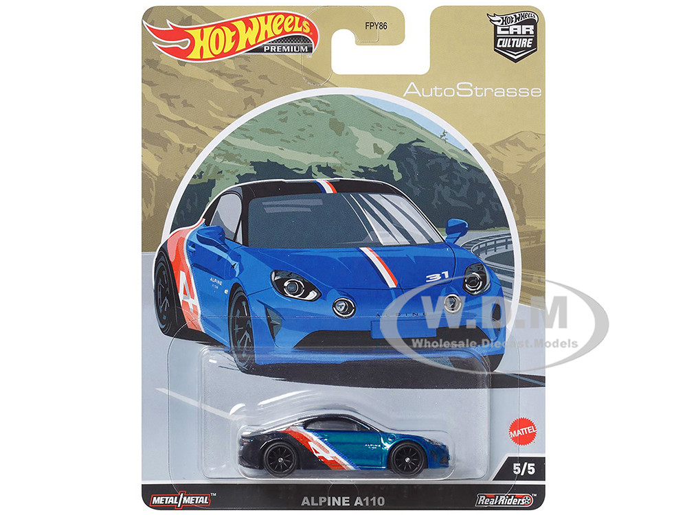 Alpine A110 Blue Metallic and Black with Graphics "Auto Strasse" Series Diecast Model Car by Hot Wheels diecast model