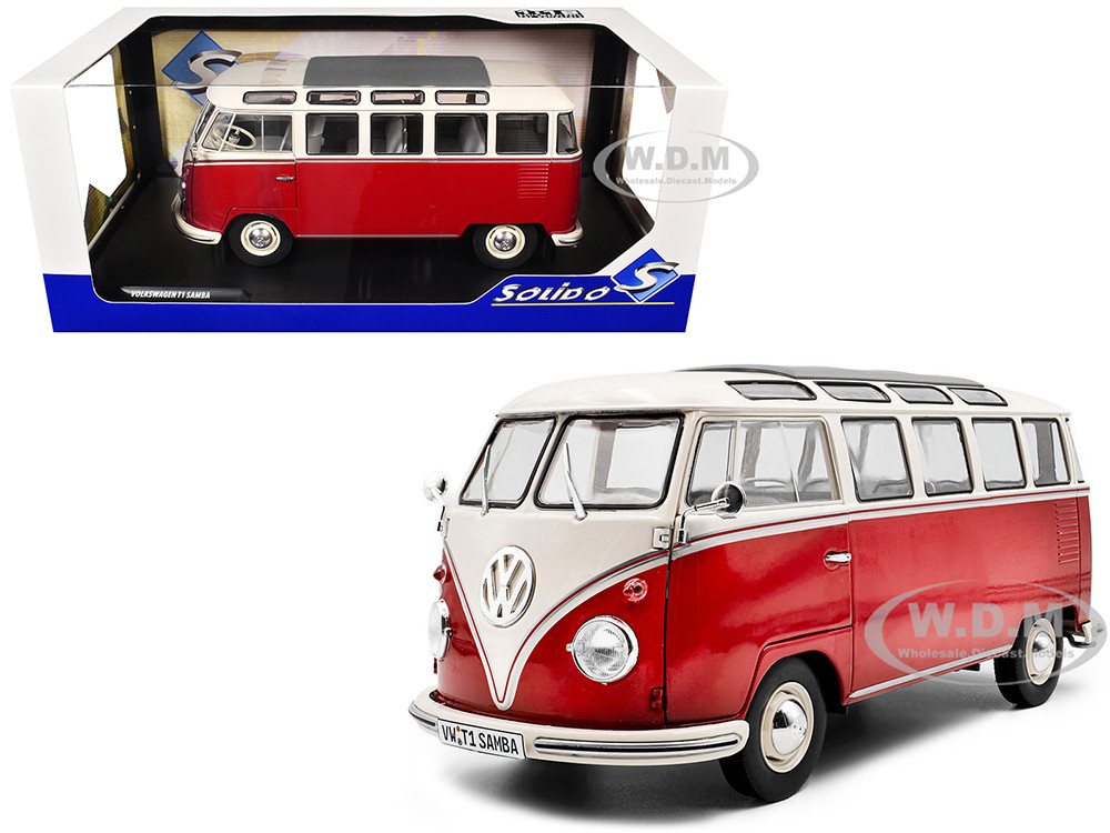 1962 Volkswagen T1 Samba Bus Red and White 1/18 Diecast Model Car by Solido diecast model
