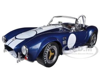 1965 Shelby Cobra 427 S/C Dark Blue Metallic with White Stripes with Printed Carroll Shelby's Signature on the Trunk 1/18 Diecast Model Car by Shelby Collectibles diecast model