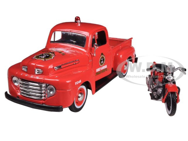 1948 Ford F-1 Pickup Truck "Harley Davidson" Fire Truck and 1936 El Knucklehead Motorcycle 1/24 Diecast Models by Maisto diecast model