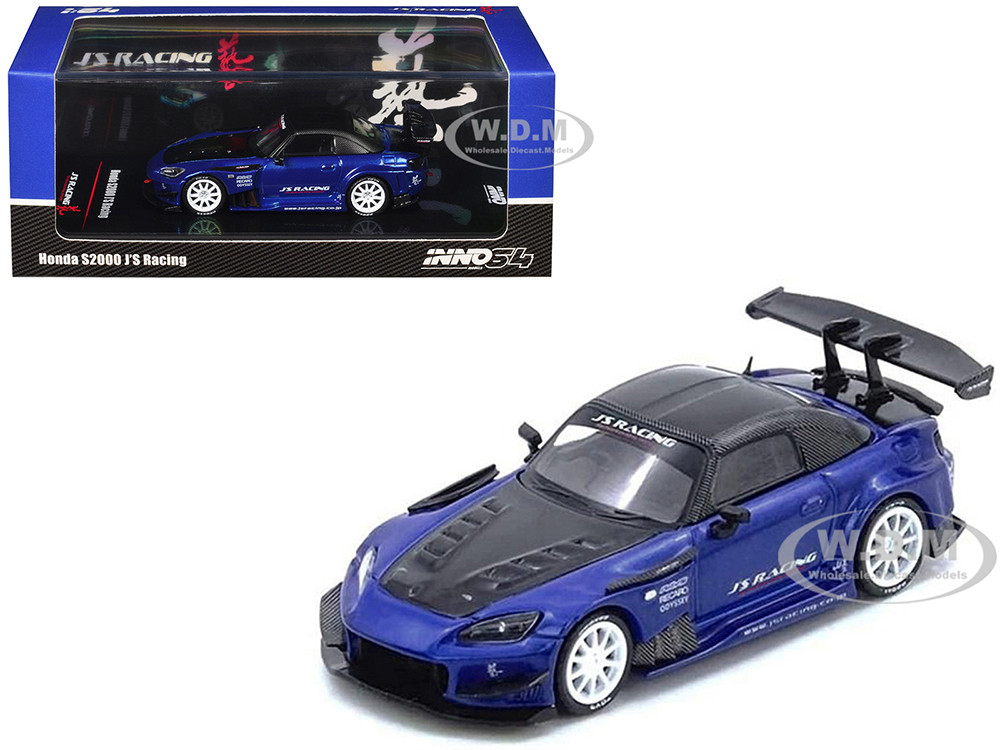 Honda S2000 RHD (Right Hand Drive) "J's Racing" Blue Metallic with Carbon Hood and Top 1/64 Diecast Model Car by Inno Models diecast model
